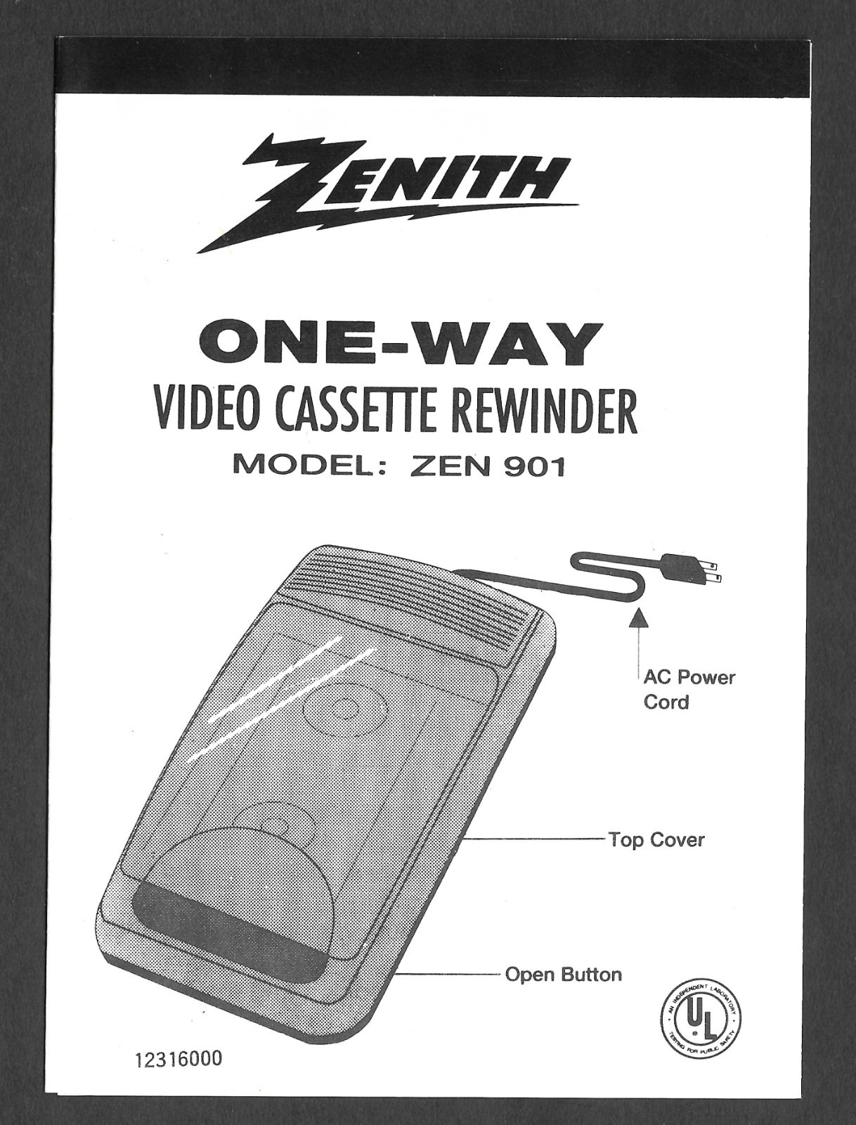 Owners Manual - Zenith one-way Video Cassette Rewinder - Model ZEN 901