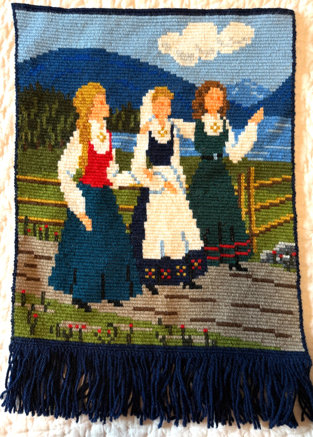 NORWEGIAN GIRLS IN BUNADS  Vintage wool tapestry embroidery wall hanging.  VGUC