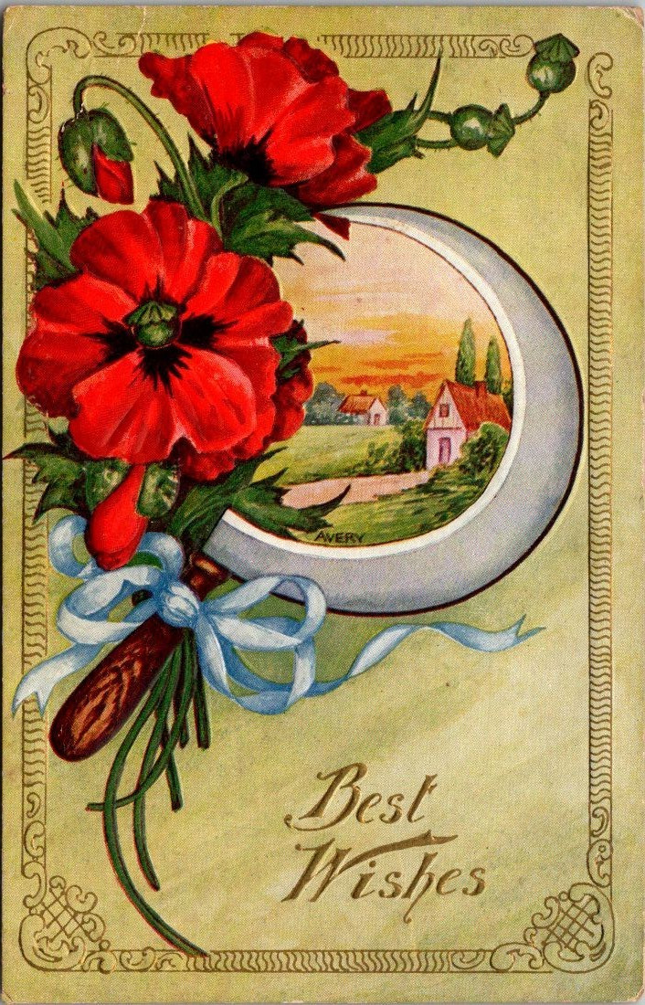 Antique Greeting Postcard Best Wishes Red Flowers Country Home Embossed c1910