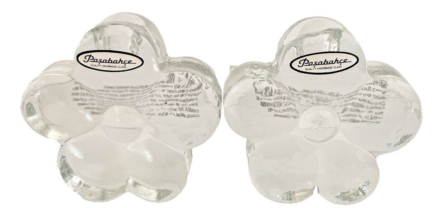 Paşabahçe Turkey Pair Clear Glass Candle Holders Flower Shape 4