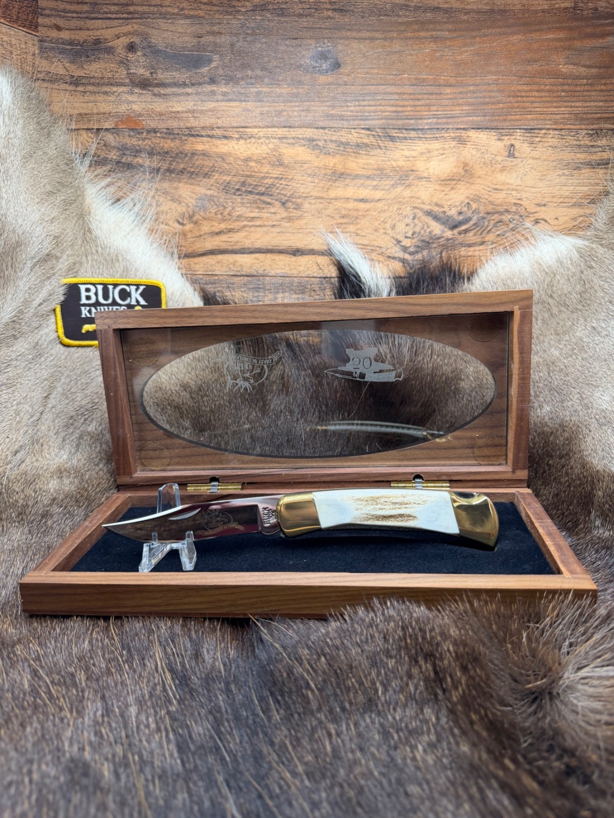 1995 Buck 110 Knife With Genuine Elk  Handle Stainless Blade Mint Display Case