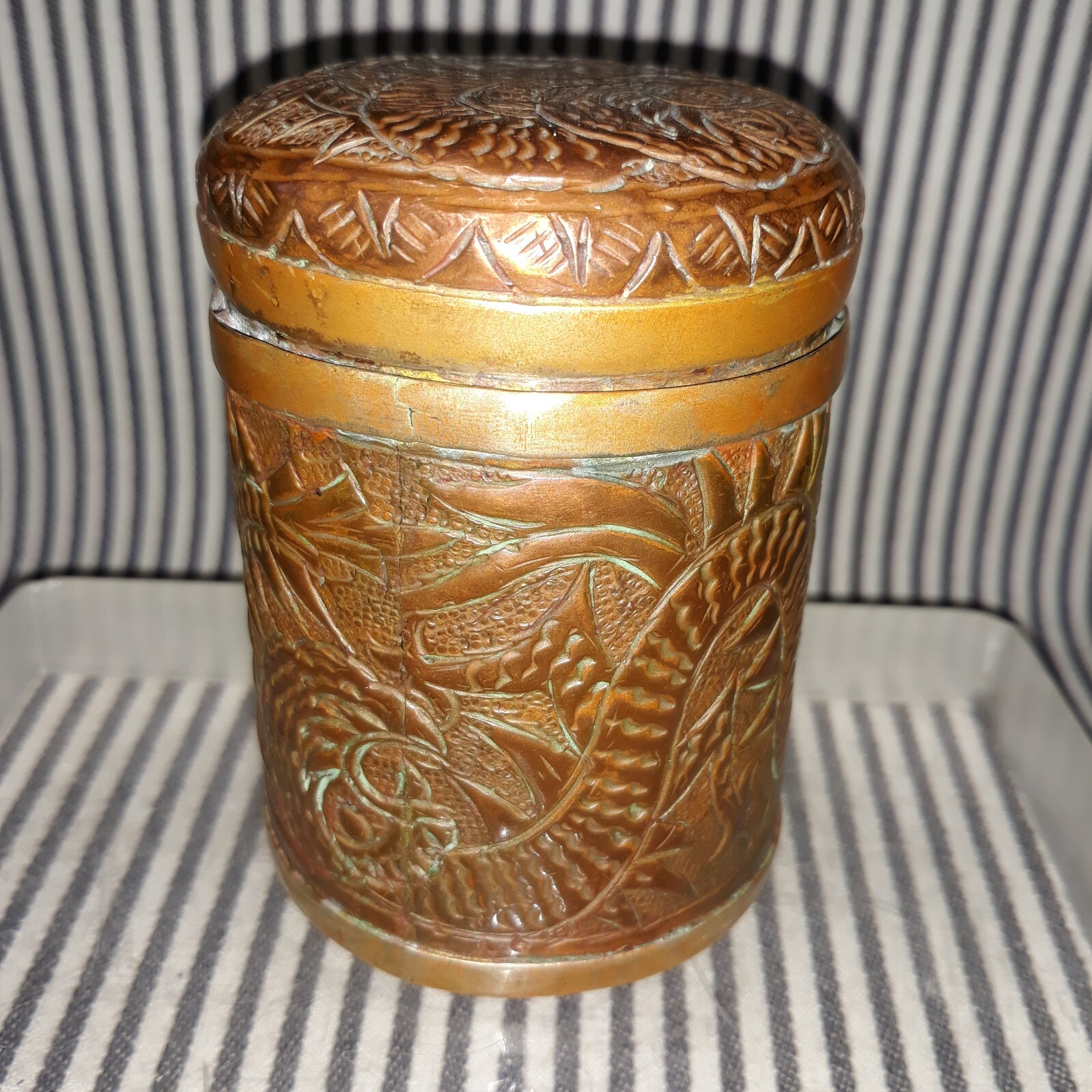 VTG CHINESE TIBETAN COPPER BRASS DRAGON TEA CADDY HIGH RELIEF LIDDED CANISTER