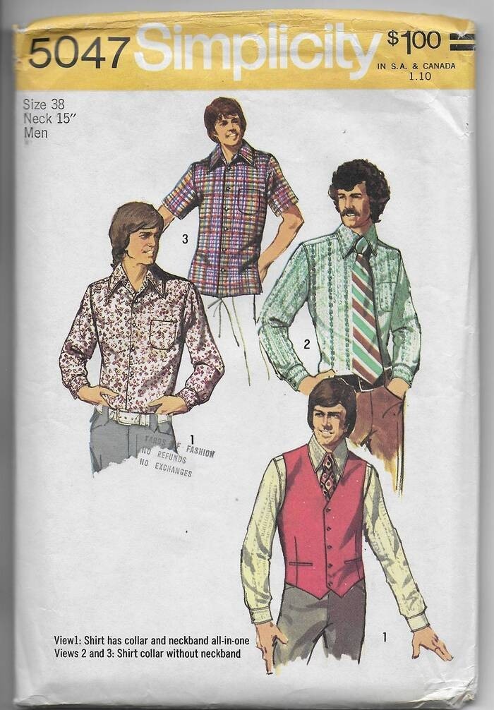 1970s Simplicity Sewing Pattern 5047, Men\'s VEST & SHIRTS, Size 38, Neck 15\