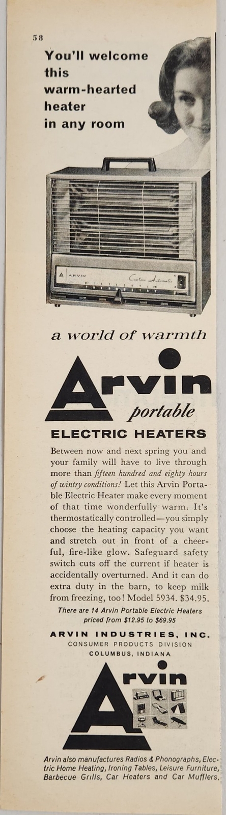 1959 Print Ad Arvin Portable Electric Heaters Made in Columbus,Indiana