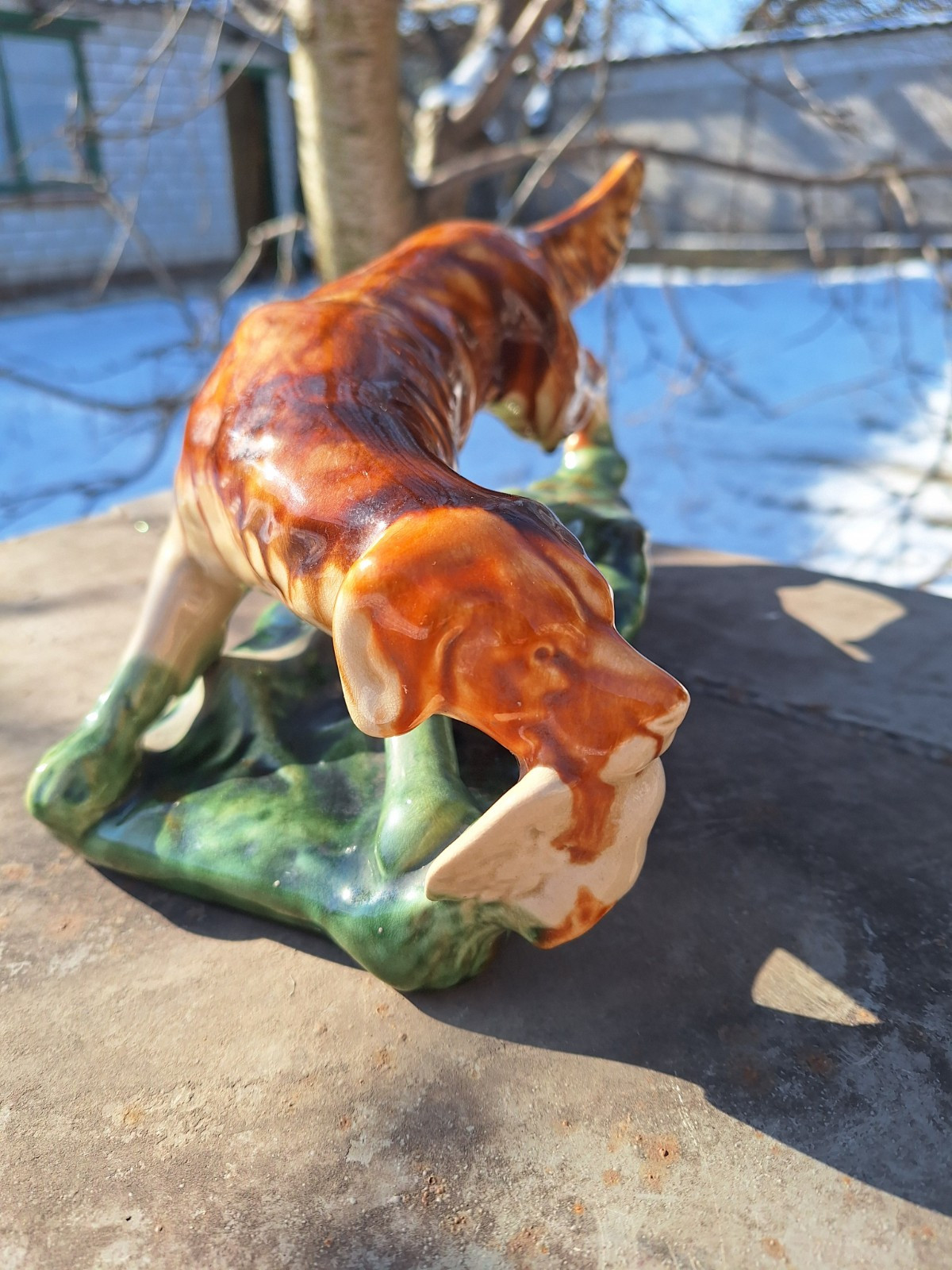 Dog With A Duck, Vintage Ceramic(Majolica) Figurine, USSR , 70’s-80’s.
