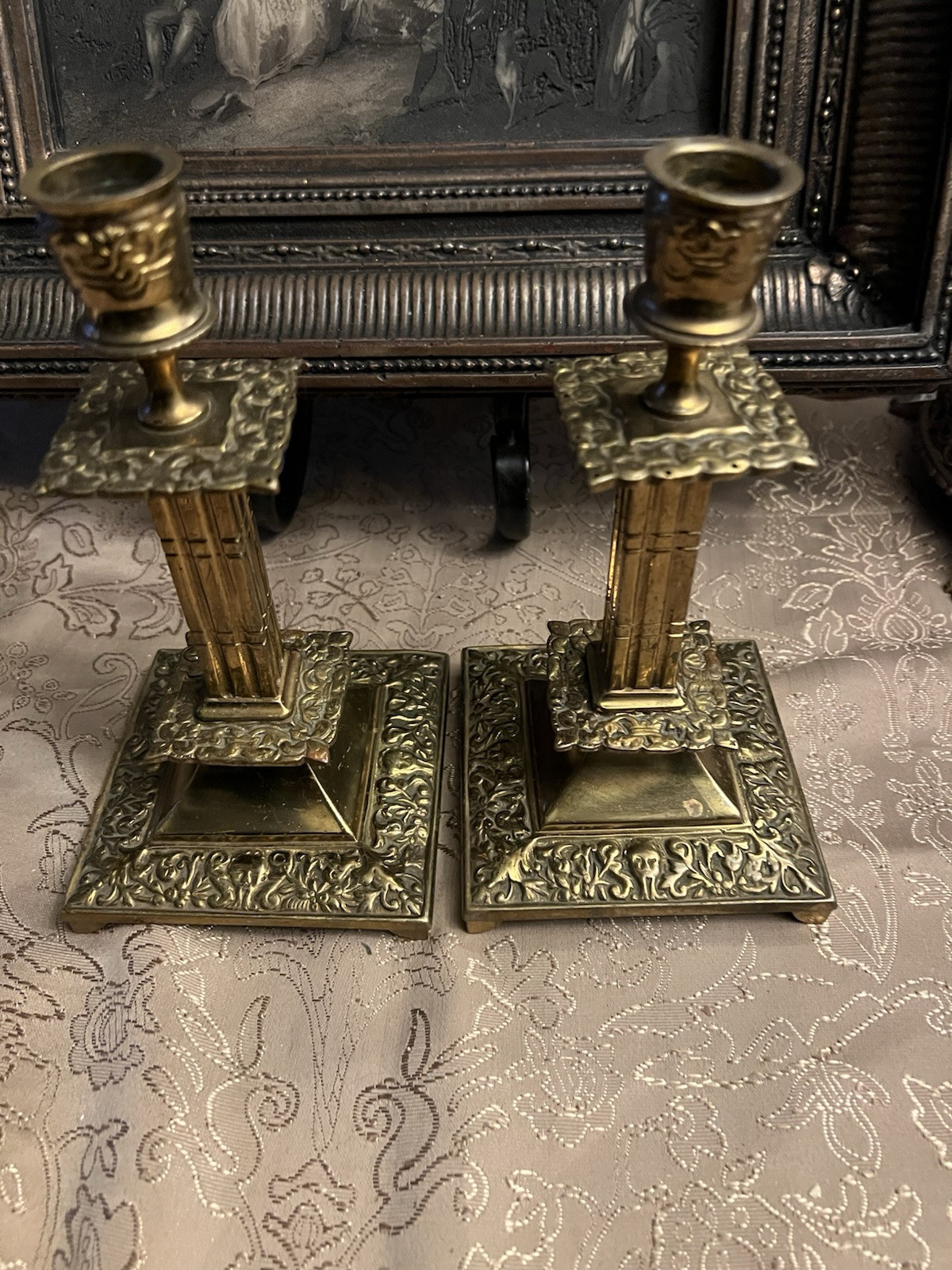 Antique VICTORIAN BRASS CANDLESTICKS - RENAISSANCE REVIVAL w/ Faces 7.75