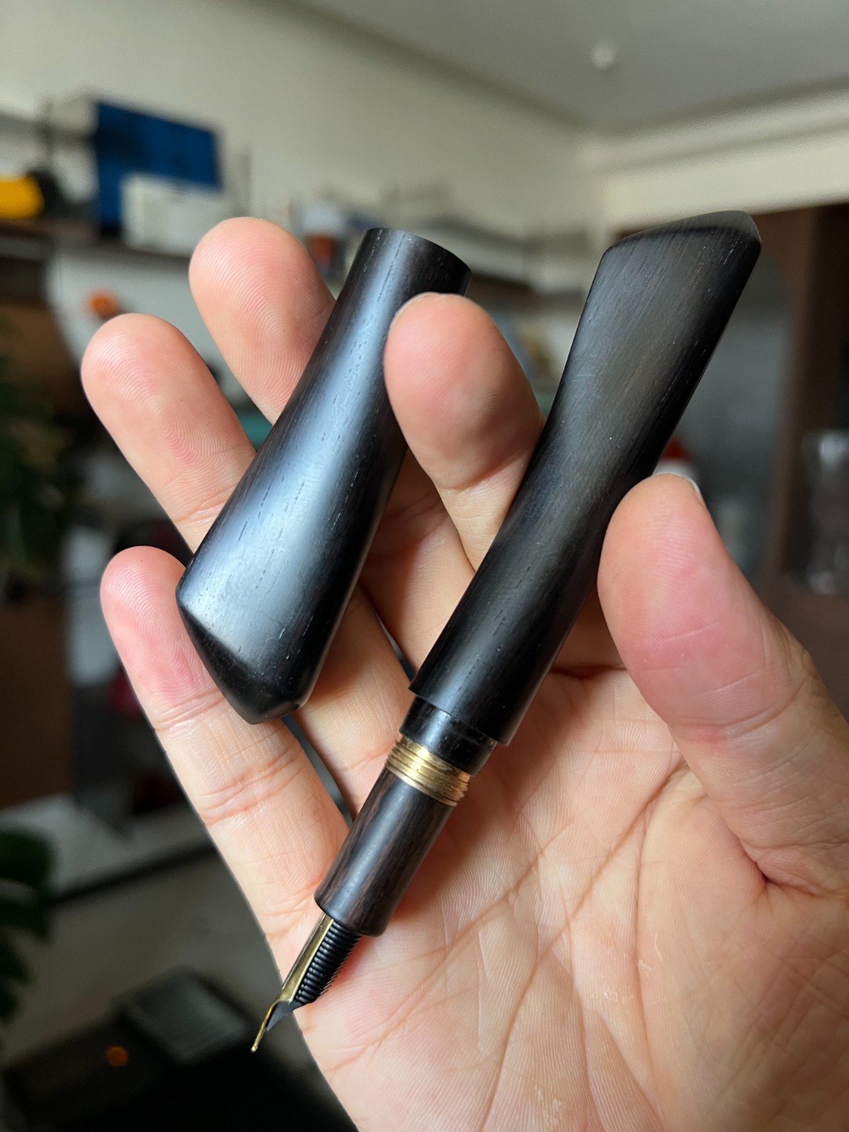 Hand‑crafted ebony dual dorsal‑fin fountain pen, fitted with Bock‑6 nib assembly