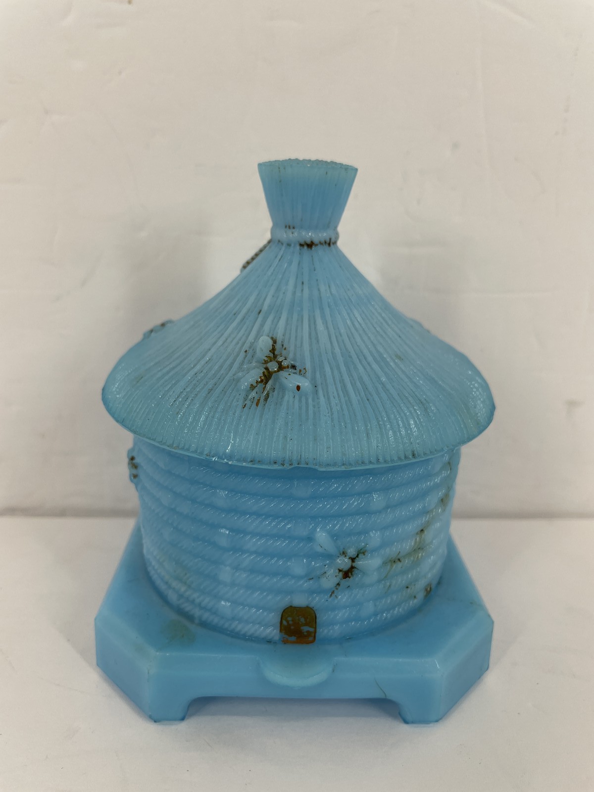 Vintage Blue Milk Glass Beehive Thatched Hut Honey Pot Candy Dish w/ Lid Vintage Blue Milk Glass Beehive Thatched Hut Honey Pot Candy Dish w/ Lid