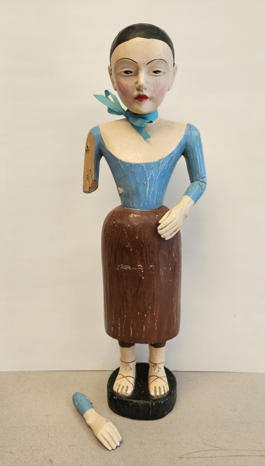 Vintage Antique Carved Wood Folk Art Woman Statue Figurine Damaged