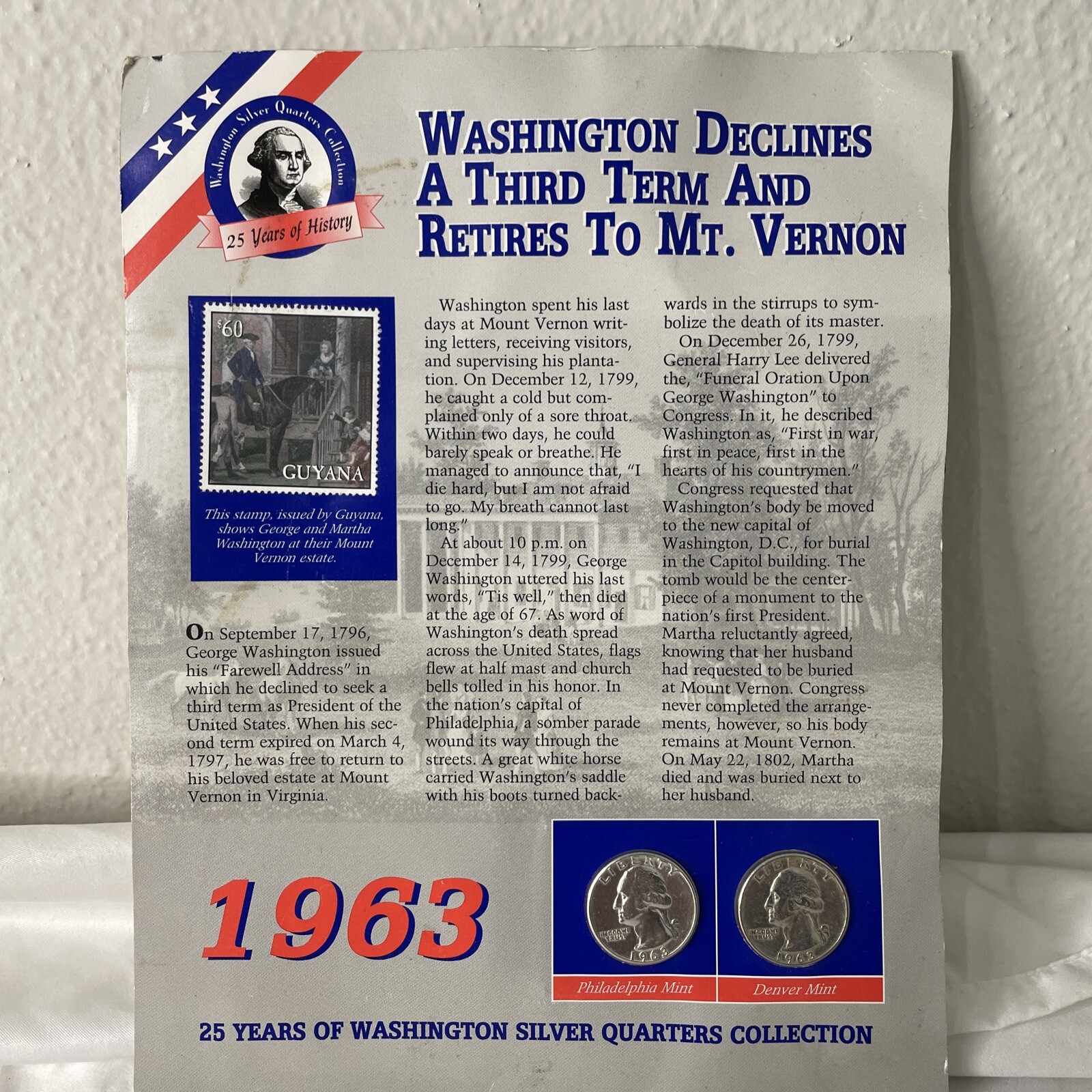 RARE Washington Declines 1963 Silver Quarters $60 Guyana Stamp Collection Piece