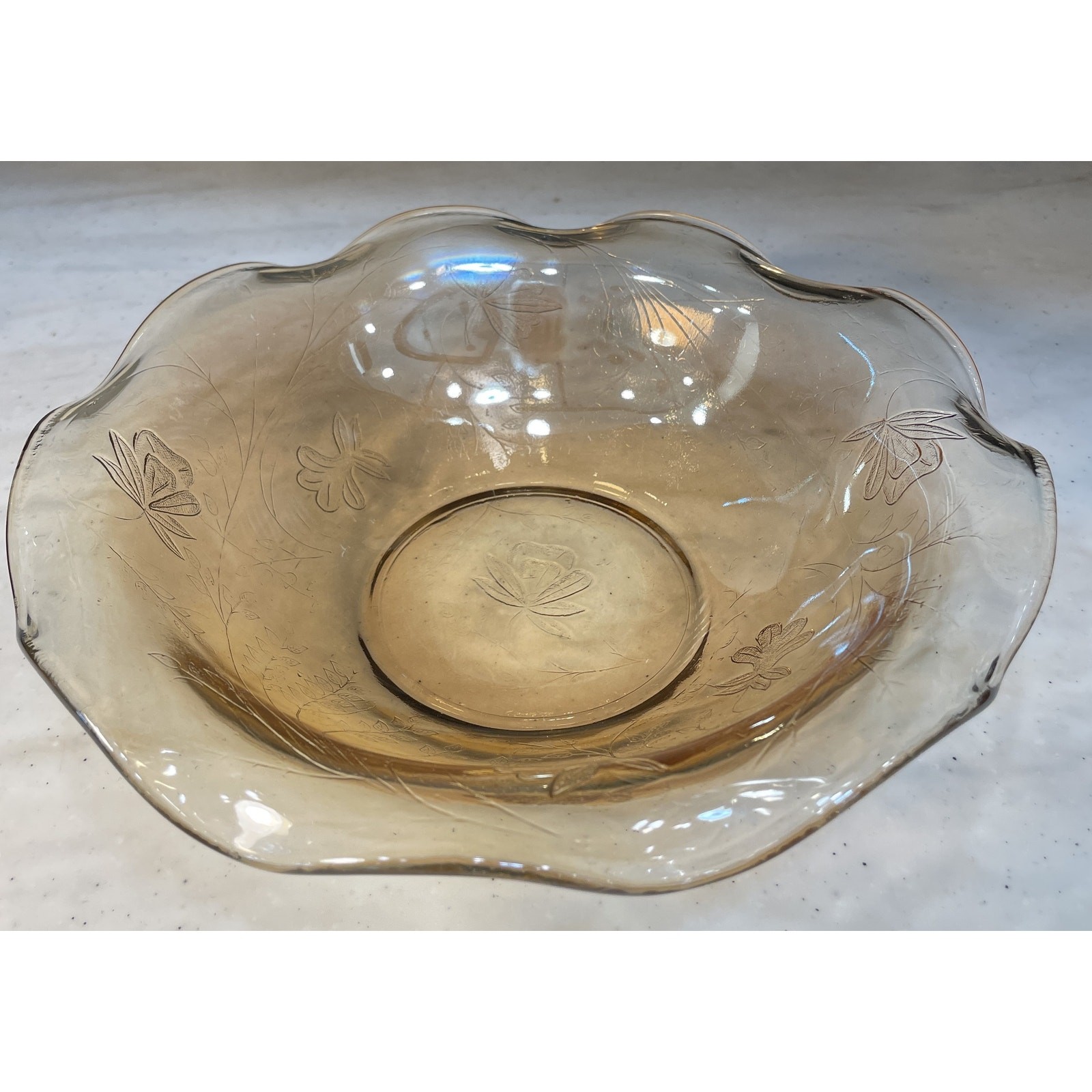 Vintage Jeannette Floragold Louisa Depression Glass Ruffled Rim Bowl 9 inch