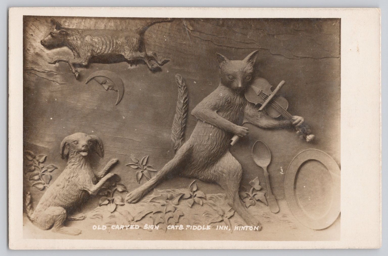 RPPC Old Carved Sign Cat & Fiddle Inn Hinton UK Hey Diddle Diddle Nursery Rhyme RPPC Old Carved Sign Cat & Fiddle Inn Hinton UK Hey Diddle Diddle Nursery Rhyme