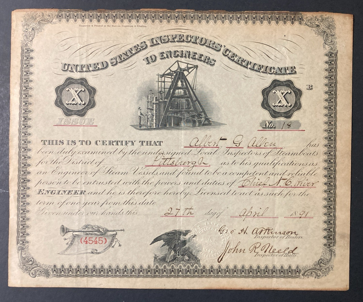 Vintage 1891 United States Inspectors' Certificate To Engineers Vintage 1891 United States Inspectors' Certificate To Engineers