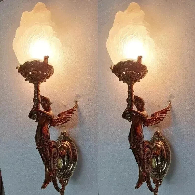 PAIR OF ANTIQUE VINTAGE ART DECO NOUVEAU BRASS MERMAID WALL SCONCES FIXTURE LAMP