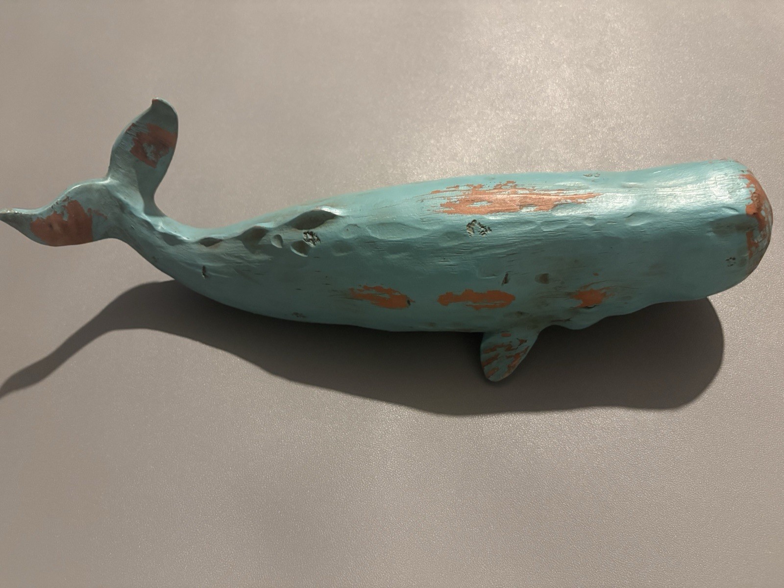 Distressed turquoise sperm whale figurine sculpture - Size Approx 14x5