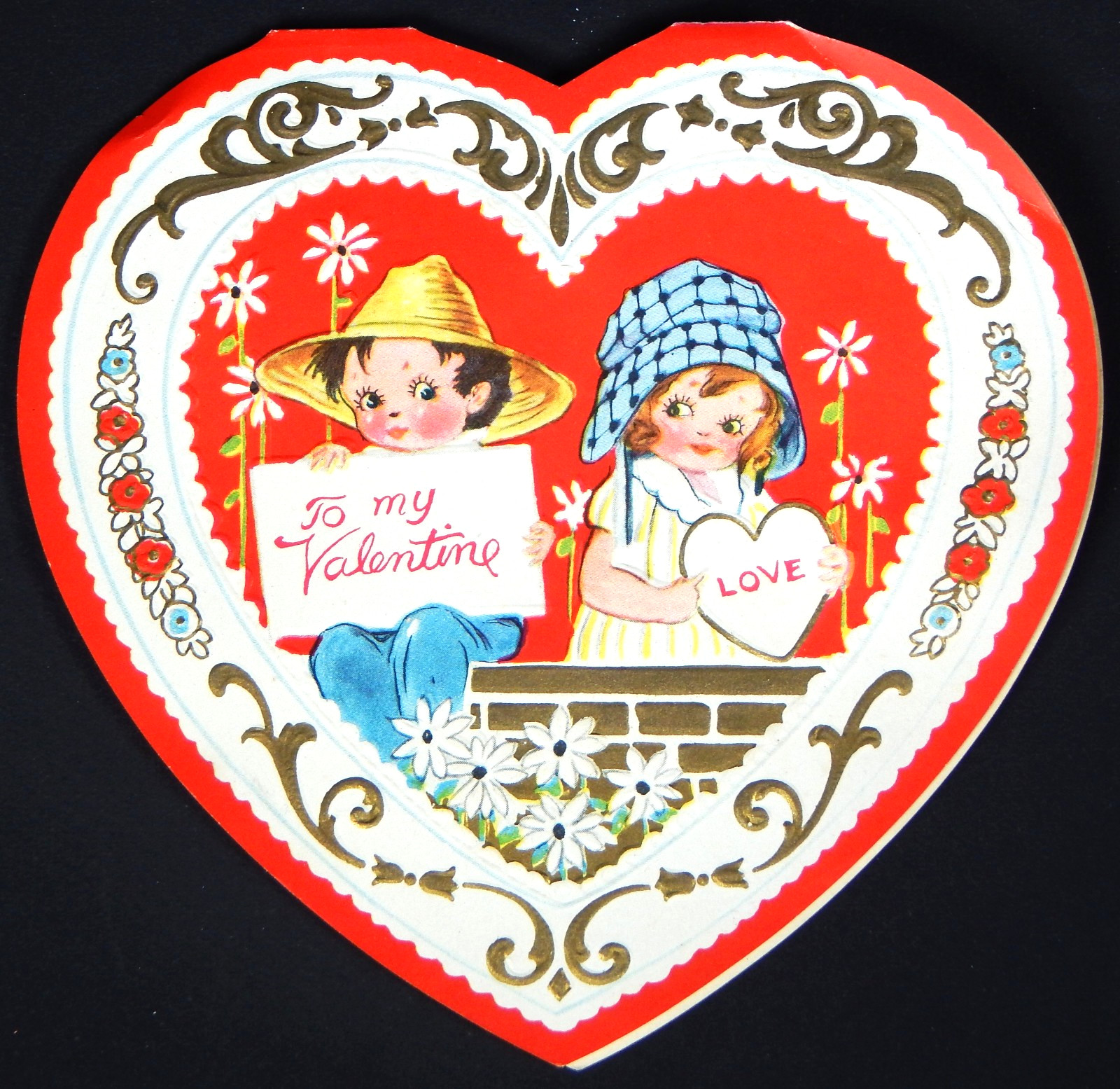 1930s VALENTINE CARD CHILD FARMER BOY & GIRL FOLD OUT USA VINTAGE EMBOSSED HEART