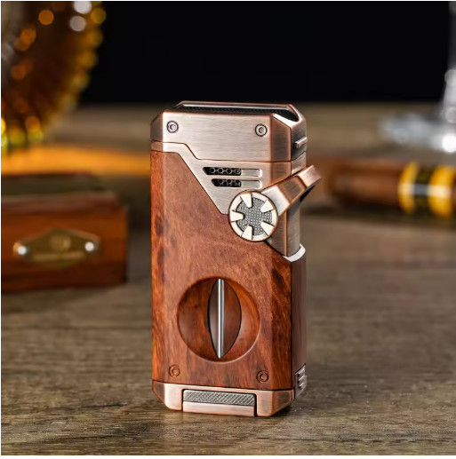 Four Blue Flame Rocker Lighter: V-Cutter, Anti-Hot Fork, Visual Gas Window Multi