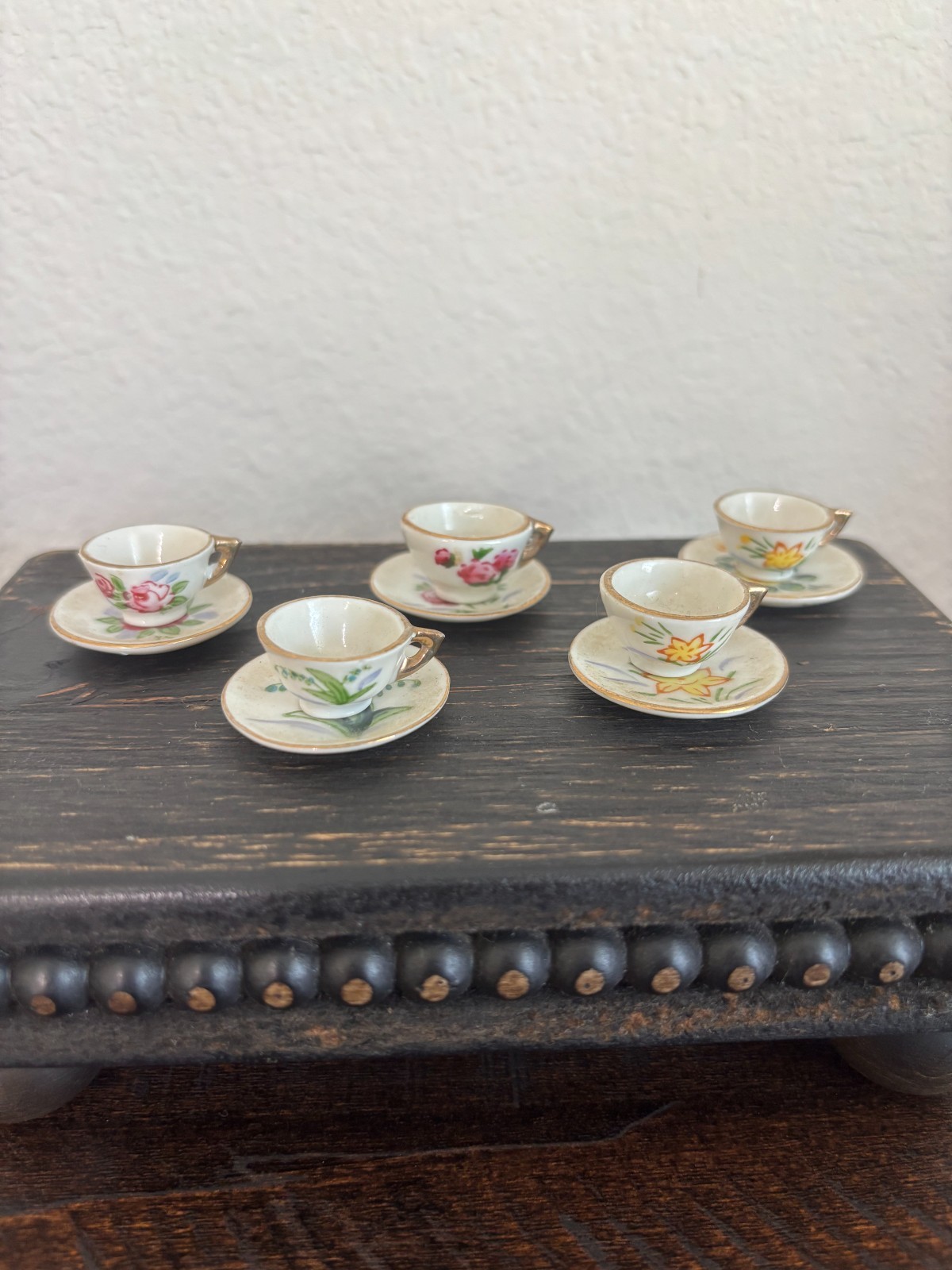 Vintage Japanese Mini Porcelain Floral Cup & Saucer Set 10pc Set