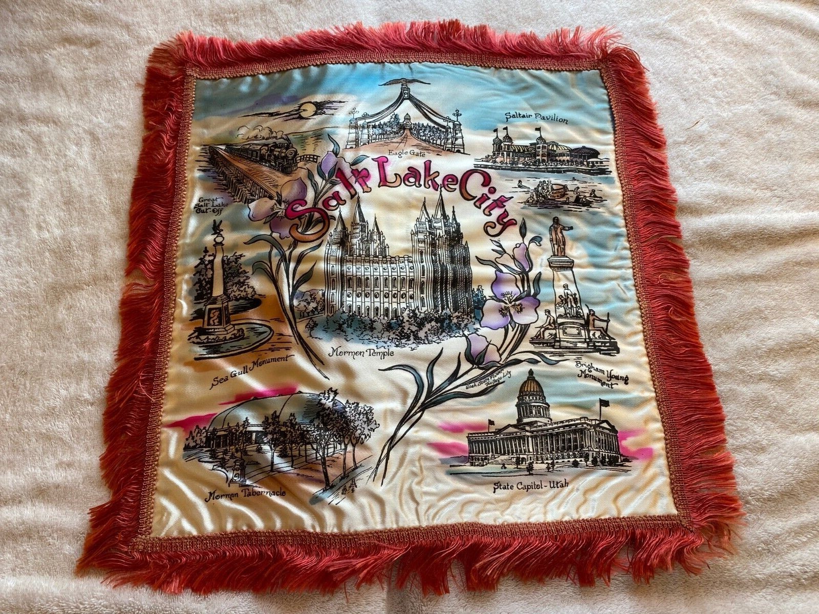 Vintage 1940's Salt Lake City Pillow Cover Multi-Color NOS Under Glass Since New