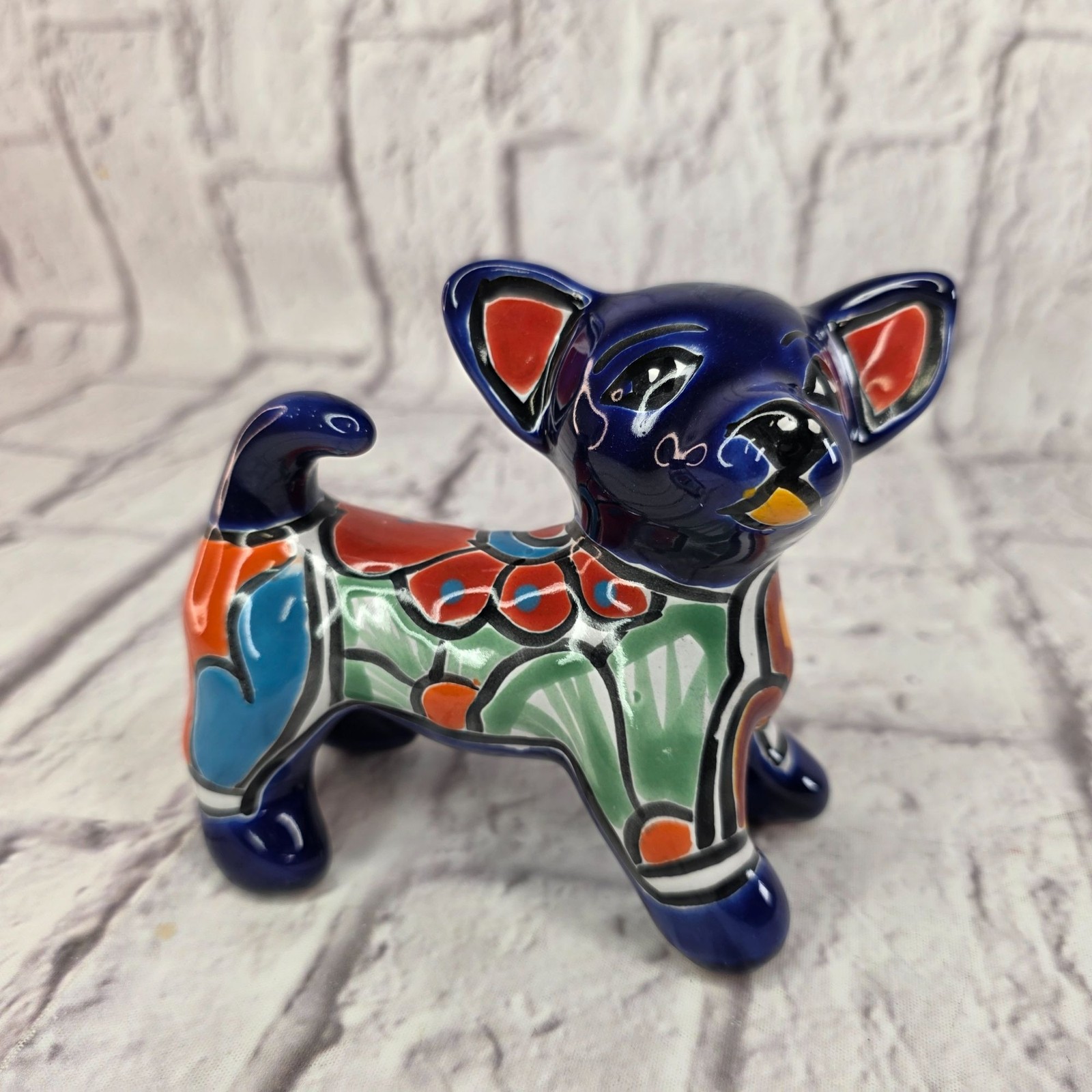 Vtg Mexican Talavera Chihuahua Dog Figurine Folk Art Statue Ceramic Hand Painted