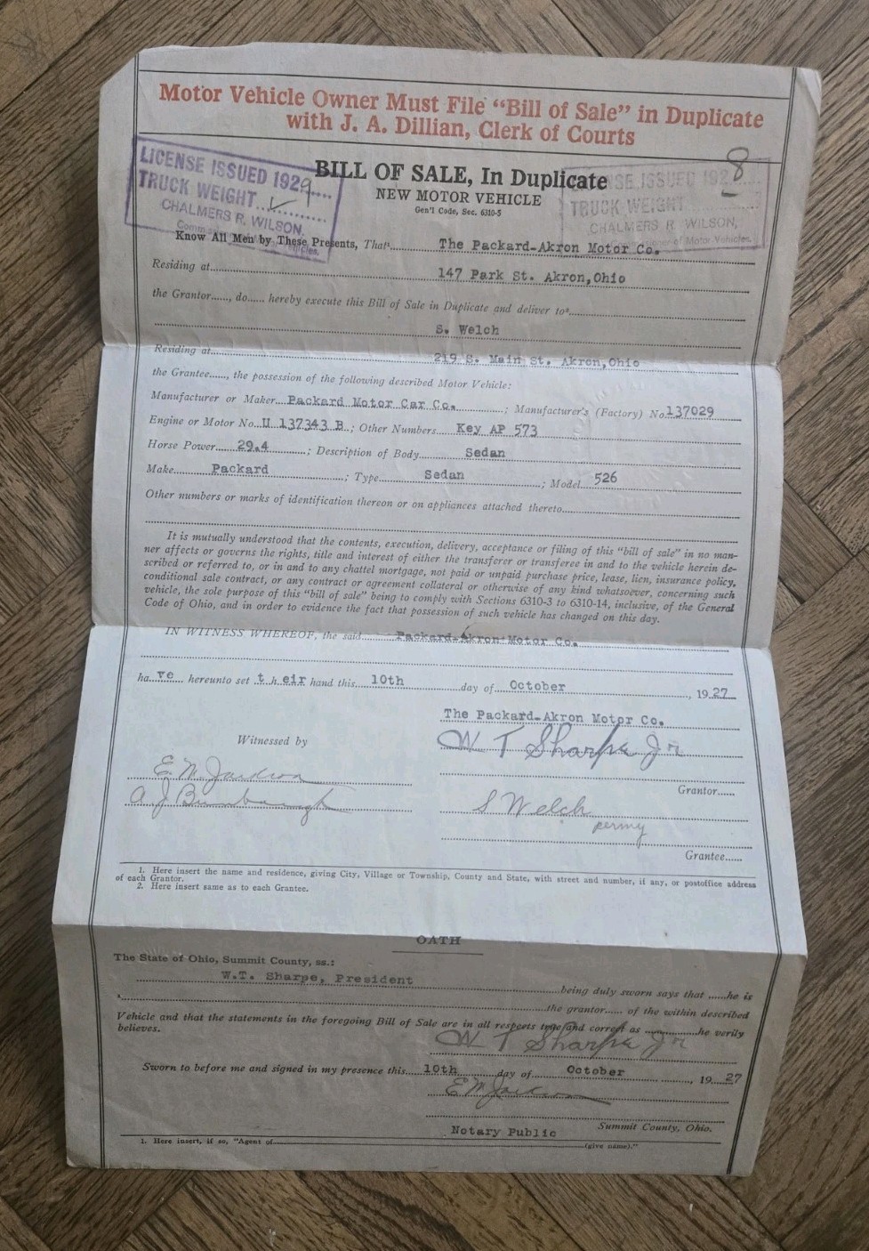 Antique Historical automobile deed/bill of sale 1927 Packard Sedan 525 Akron, OH