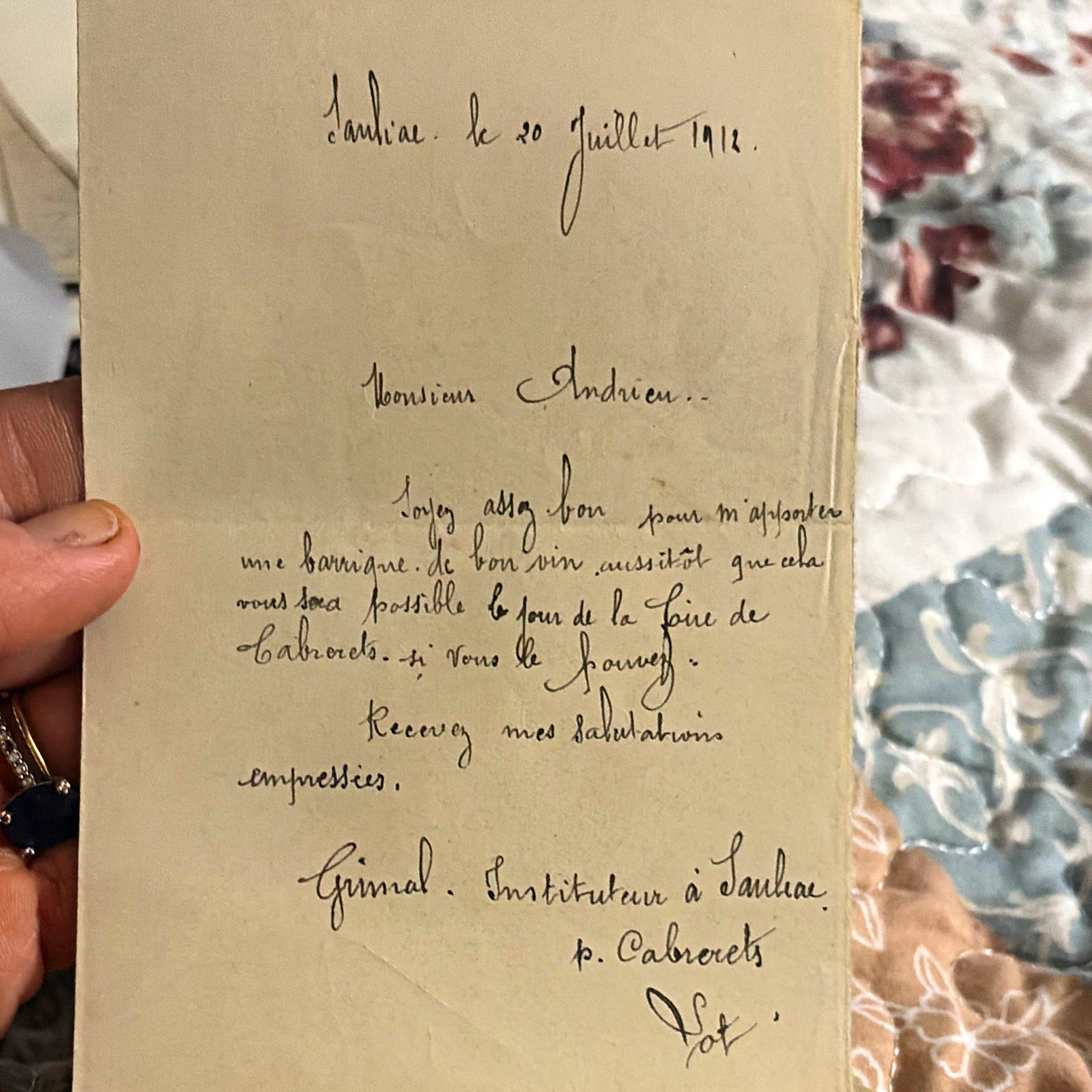 French Handwritten Letter, Lamia, Dated 20 Juillet 1912, Signed “Gimal” French Handwritten Letter, Lamia, Dated 20 Juillet 1912, Signed “Gimal”