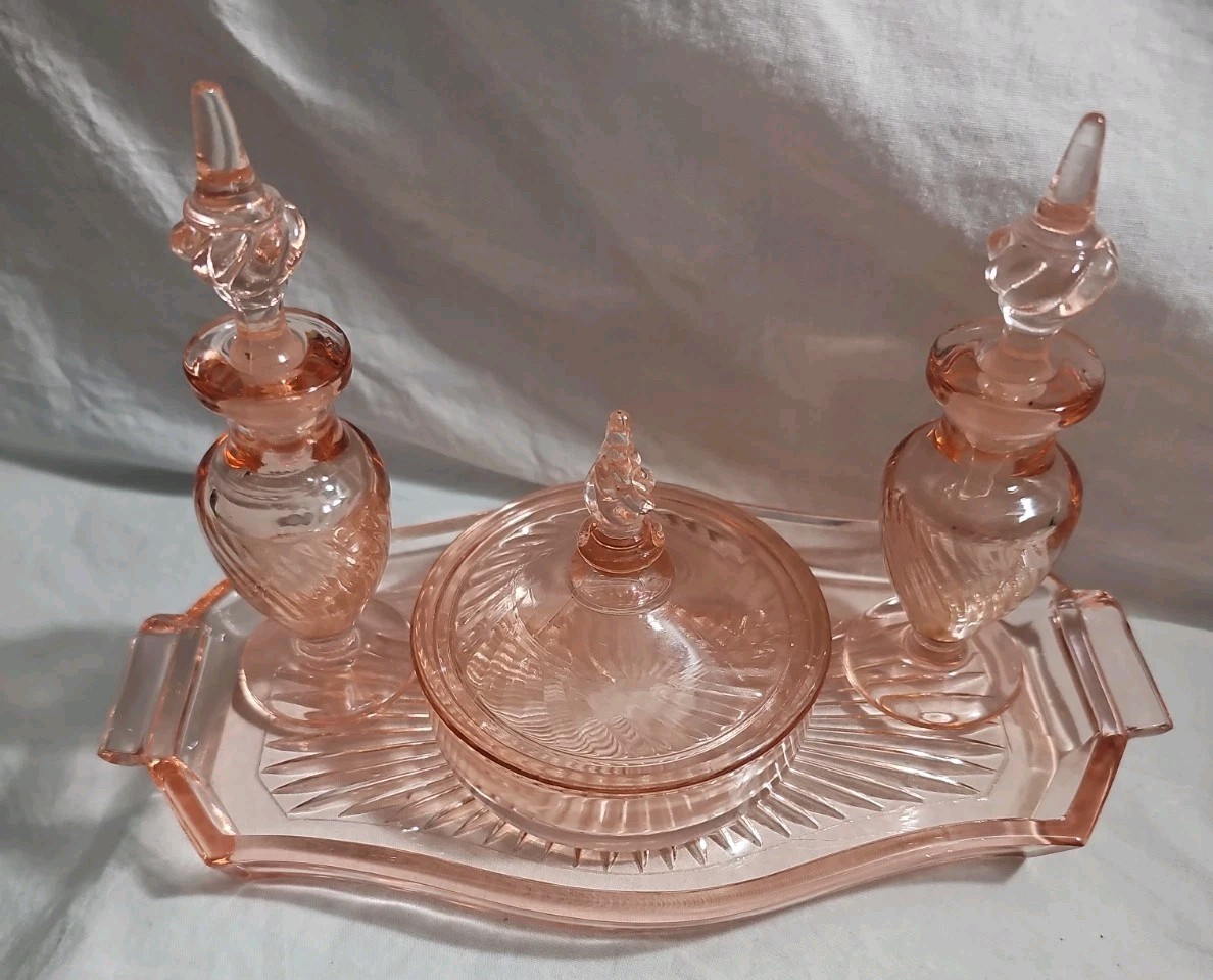 Vintage Tiffin Depression Glass Milady Pink Vanity Set Bottles Powder Dish Tray
