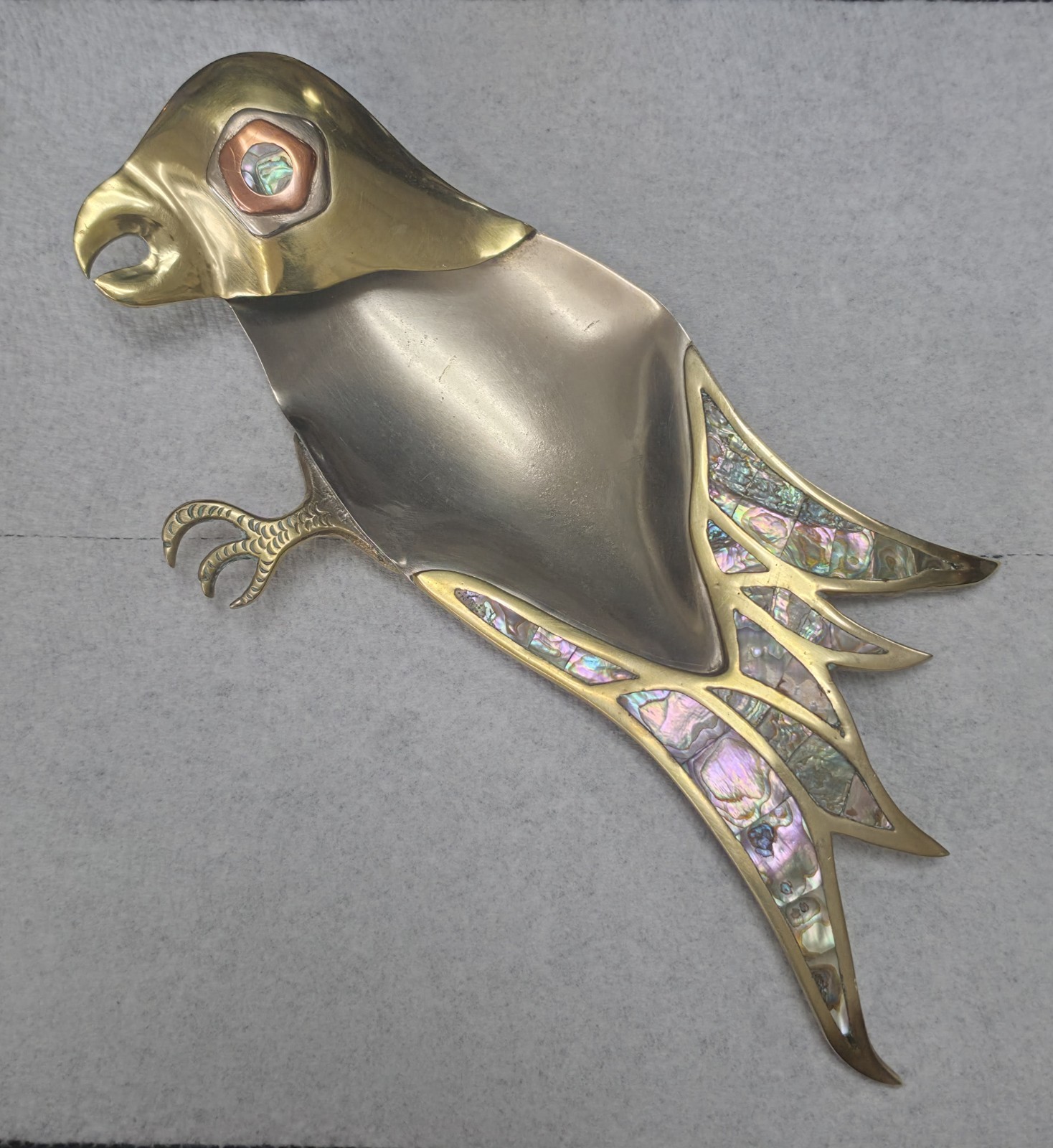 Vintage Mexico Hand Wrought Mixed Metal Mother Of Pearl Bird  Dish 12\