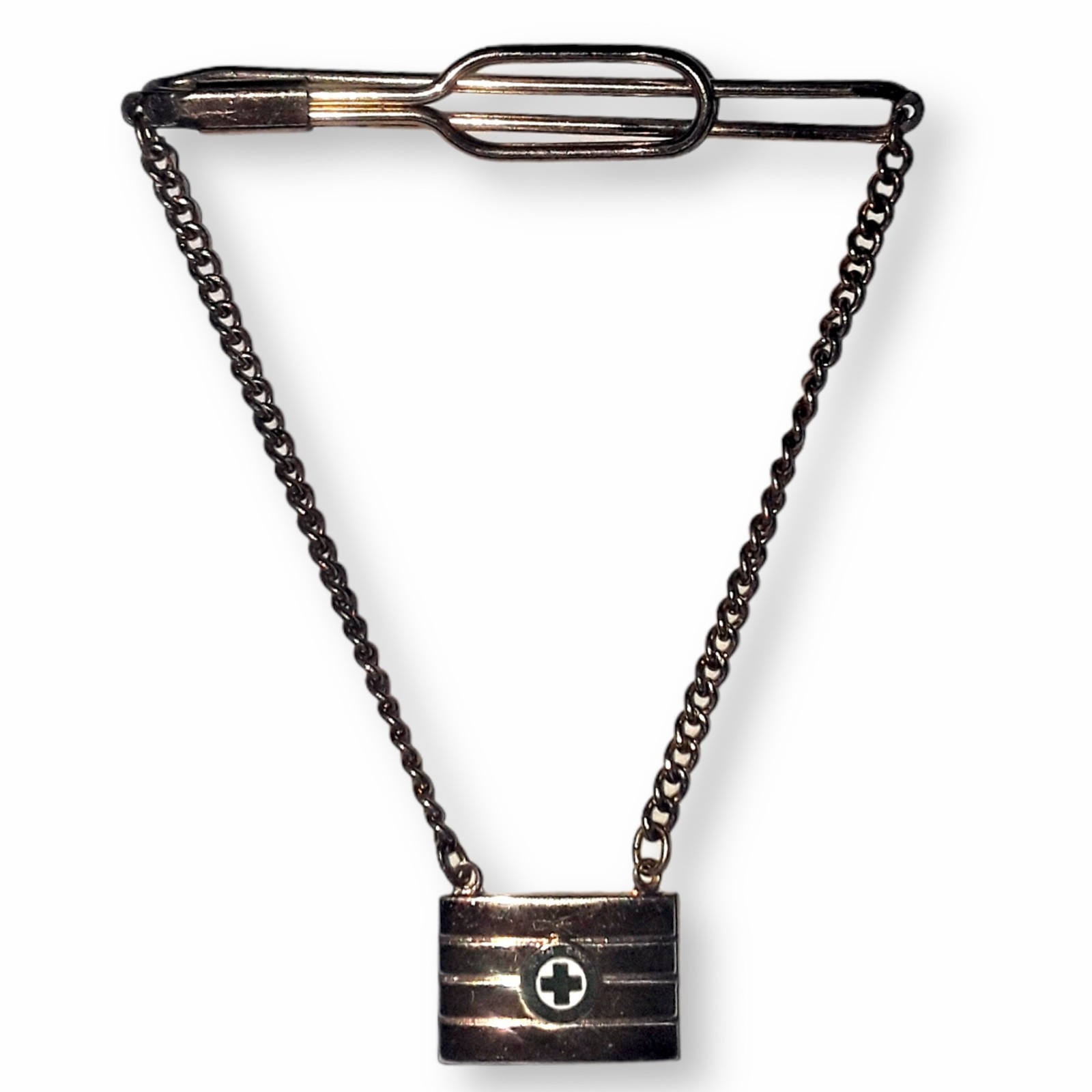 NSC Green Cross for Safety Tie Bar Clip Chain National Council Award Charm VTG. NSC Green Cross for Safety Tie Bar Clip Chain National Council Award Charm VTG.
