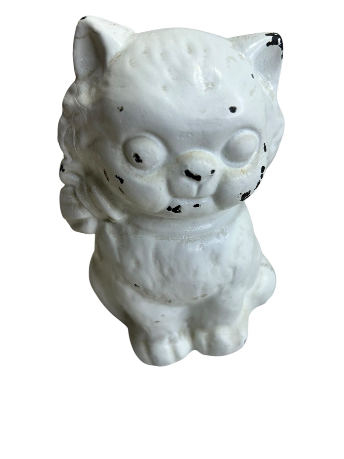 Hubley Antique Cast Iron Bank Kitty Cat Bowtie Collar White Paint Chippy 5