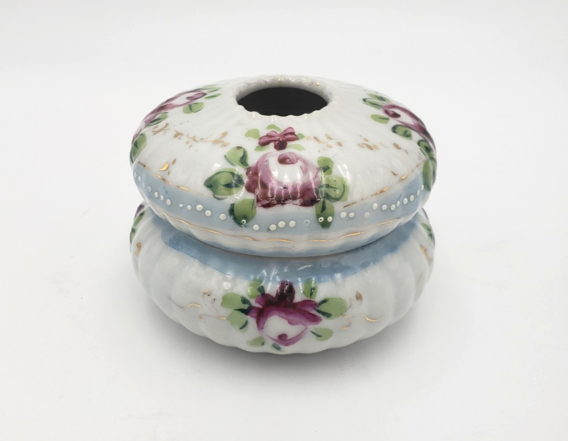 Antique Victorian Hand-Painted Porcelain Hair Receiver with Floral Design-Japan