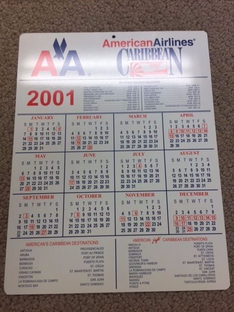 Original Vintage AMERICAN AIRLINES CARIBBEAN Calendar 2x sided destinations -76