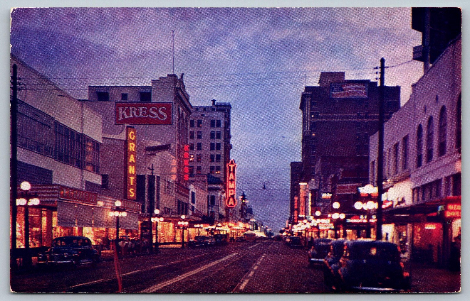 1950s Tampa FL Business District Night Franklin Storefronts Old Cars Postcard J9