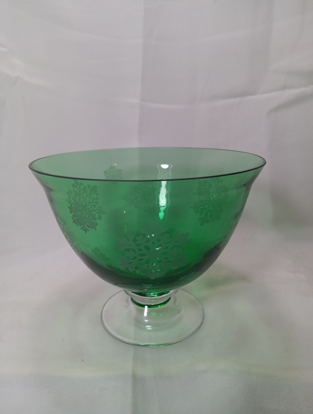 Vintage Green Footed Compote With Etched Snowflake Pattern And Clear Base 