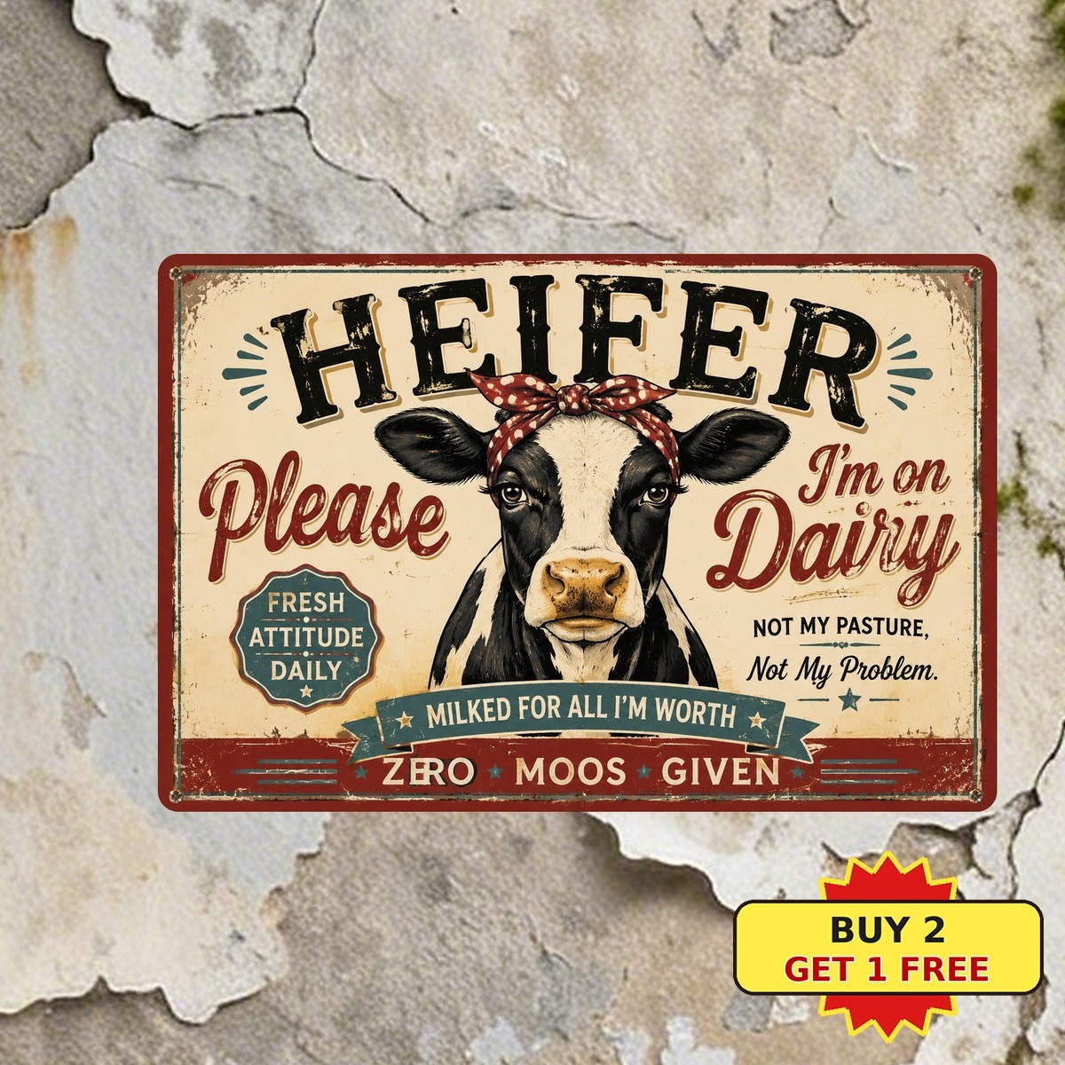 Heifer Please Funny Country Cow Portrait Farmhouse Kitchen Metal Tin Sign Plaque
