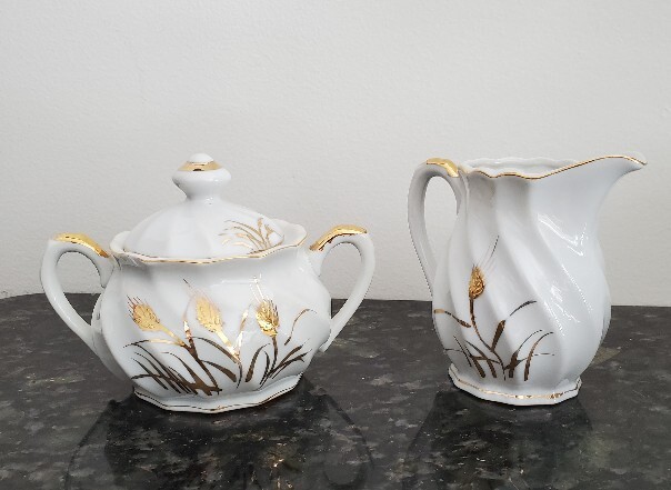 Lefton Cream and Sugar White with Golden  Wheat Pattern Vintage Pristine 20183