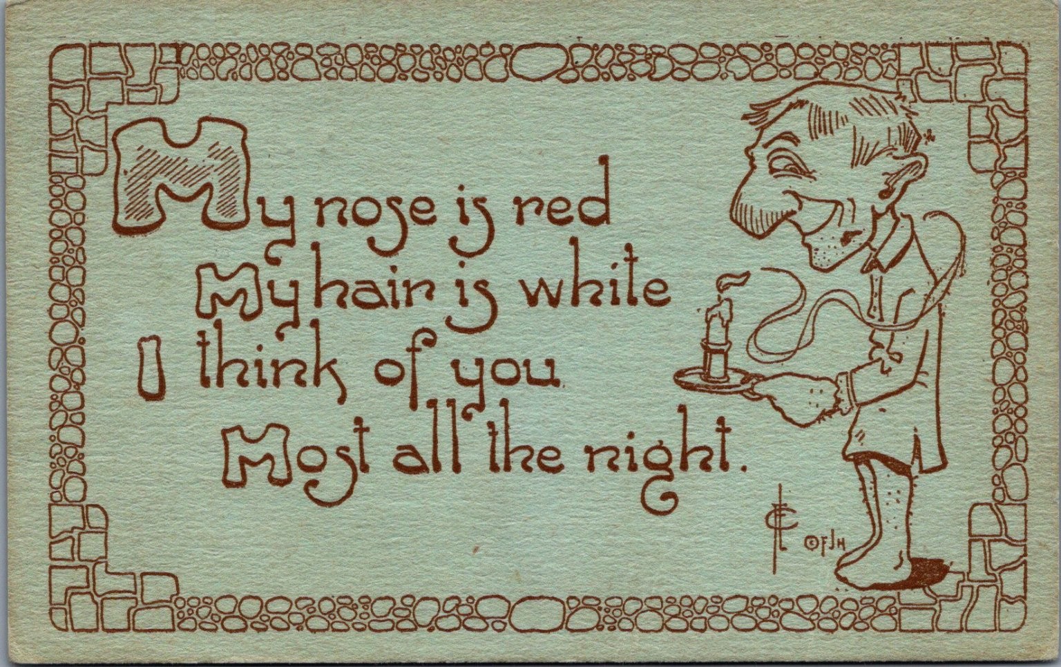 1911 Comic Verse Postcard - Man with Candle, \