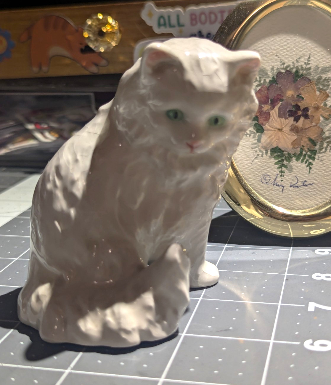 Vintage Porcelain Cat Figurine White Green Eyes Marked W. Germany Collectible