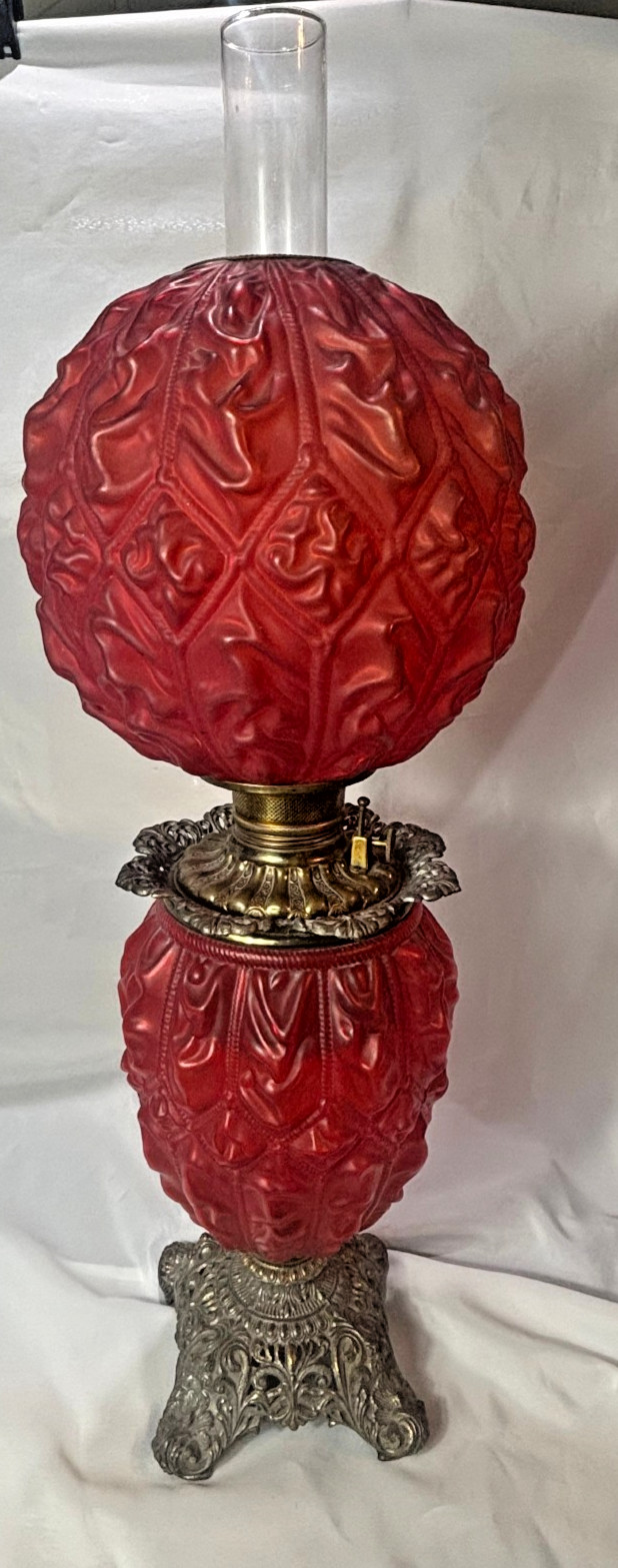 Antique Consolidated Oil Lamp Diamond Drape Red Satin Glass