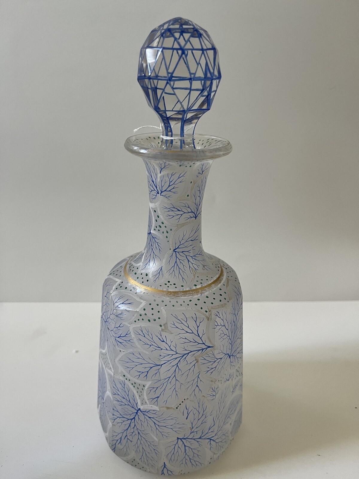 Vintage Victorian Glass Decanter Cobalt Blue White Gold Leaves 10.5”