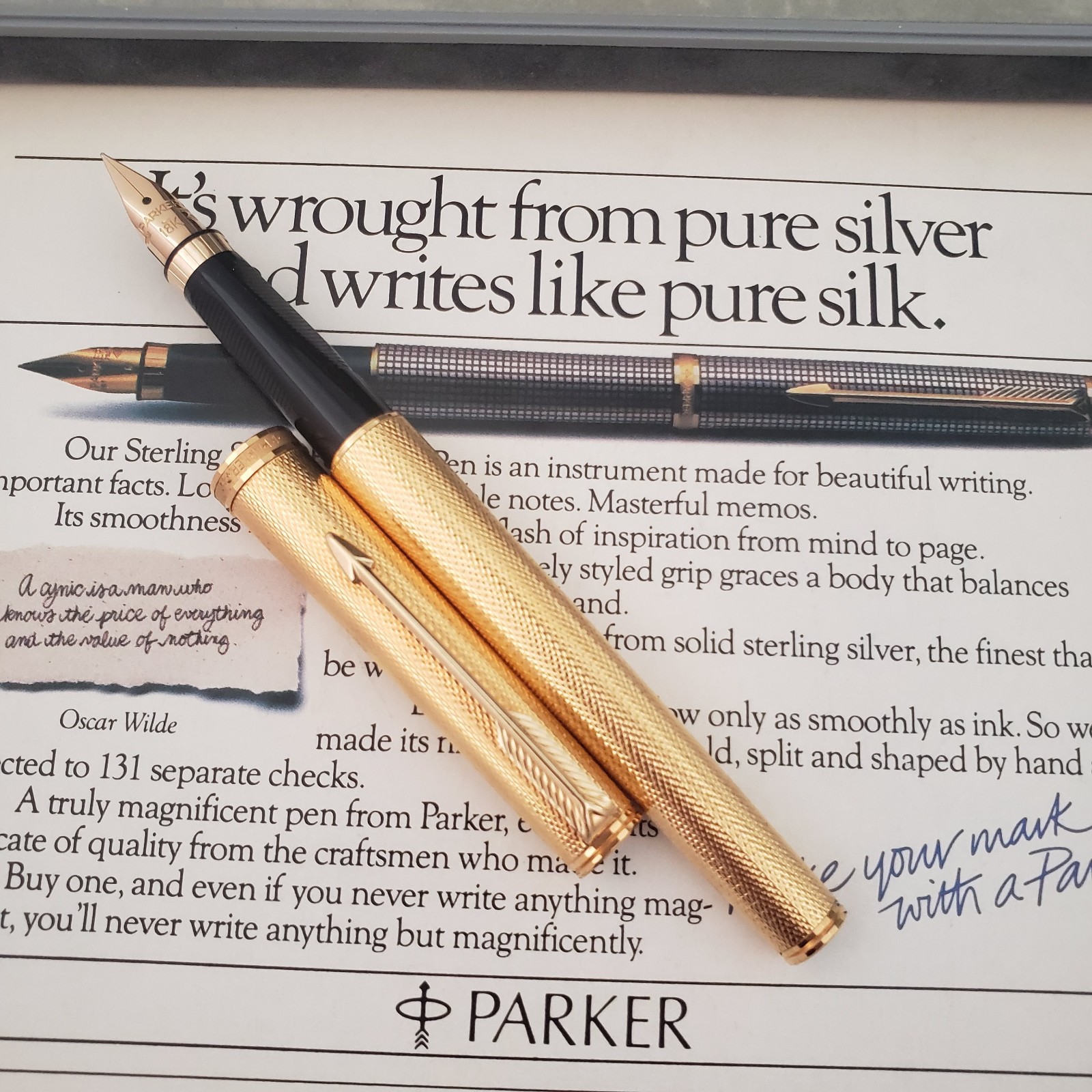 1990's Parker Premier Fountain Pen Heavy Gold Plate Body & 18k Gold Fine Nib