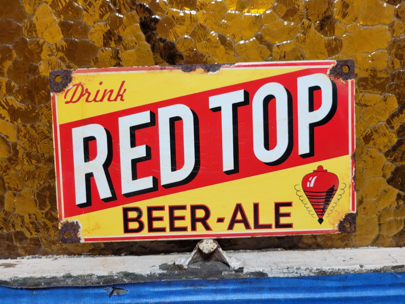 VINTAGE RED TOP BEER PORCELAIN SIGN OLD BAR TAVERN ALE RESTAURANT BEVERAGE PUB