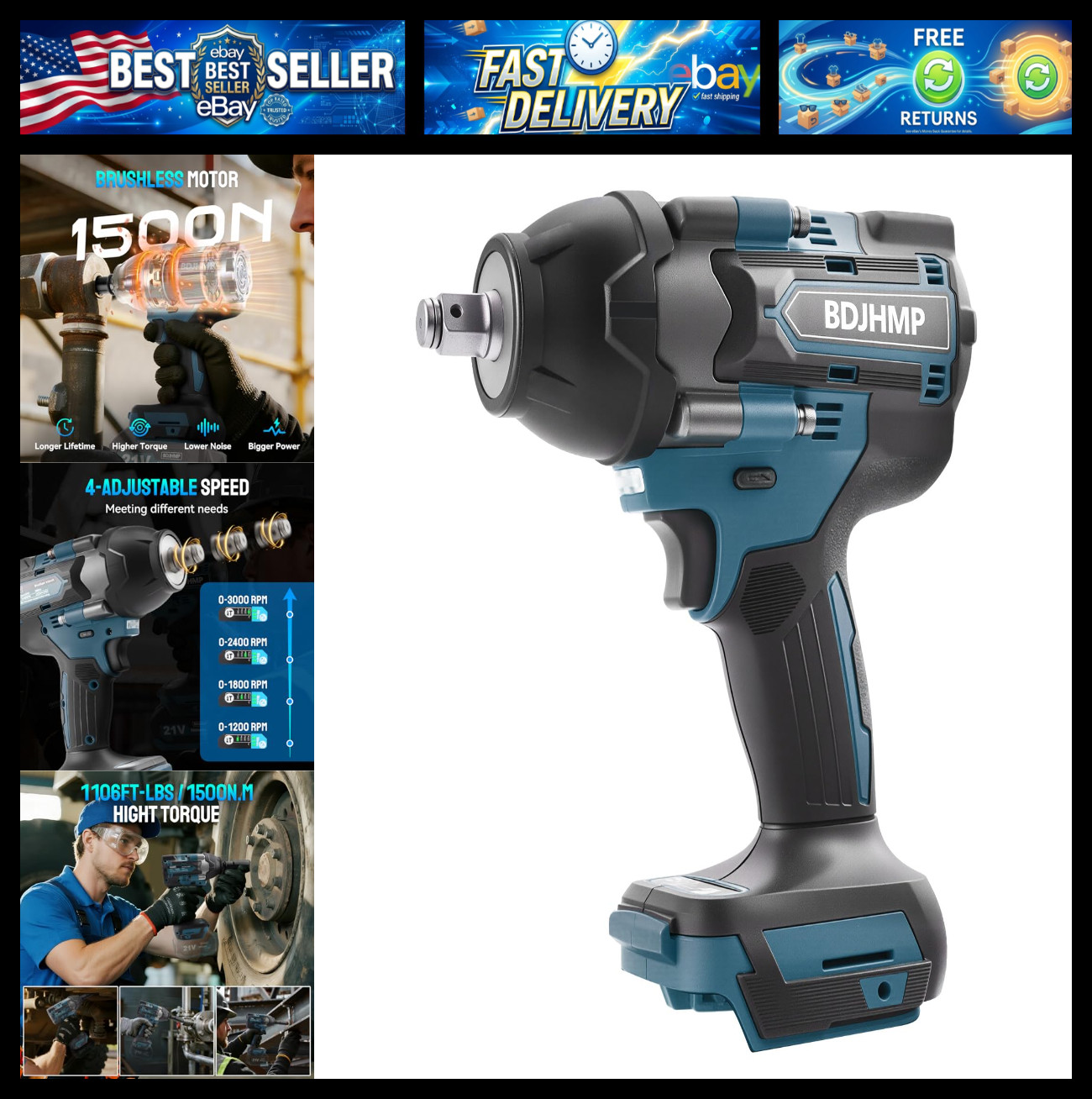 Cordless Impact Wrench 1/2 Inch, 1500 N.m/1106ft-lbs Brushless Impact Wrench Gun