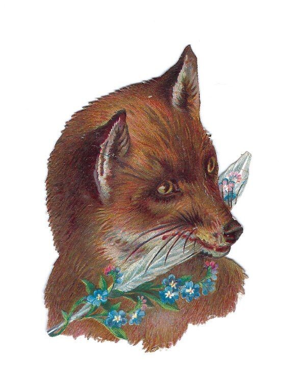 1888 Chromo decoupis, GLOSSY VICTORIAN FOX FLOWERS, Antique Die-Cut Scrap, 2.5