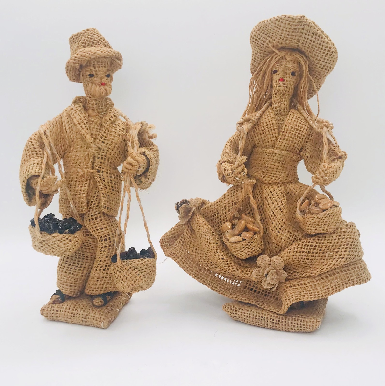 Vintage Burlap Peasant Man & Woman Carrying Produce Figurines Primitive Folk Art Vintage Burlap Peasant Man & Woman Carrying Produce Figurines Primitive Folk Art