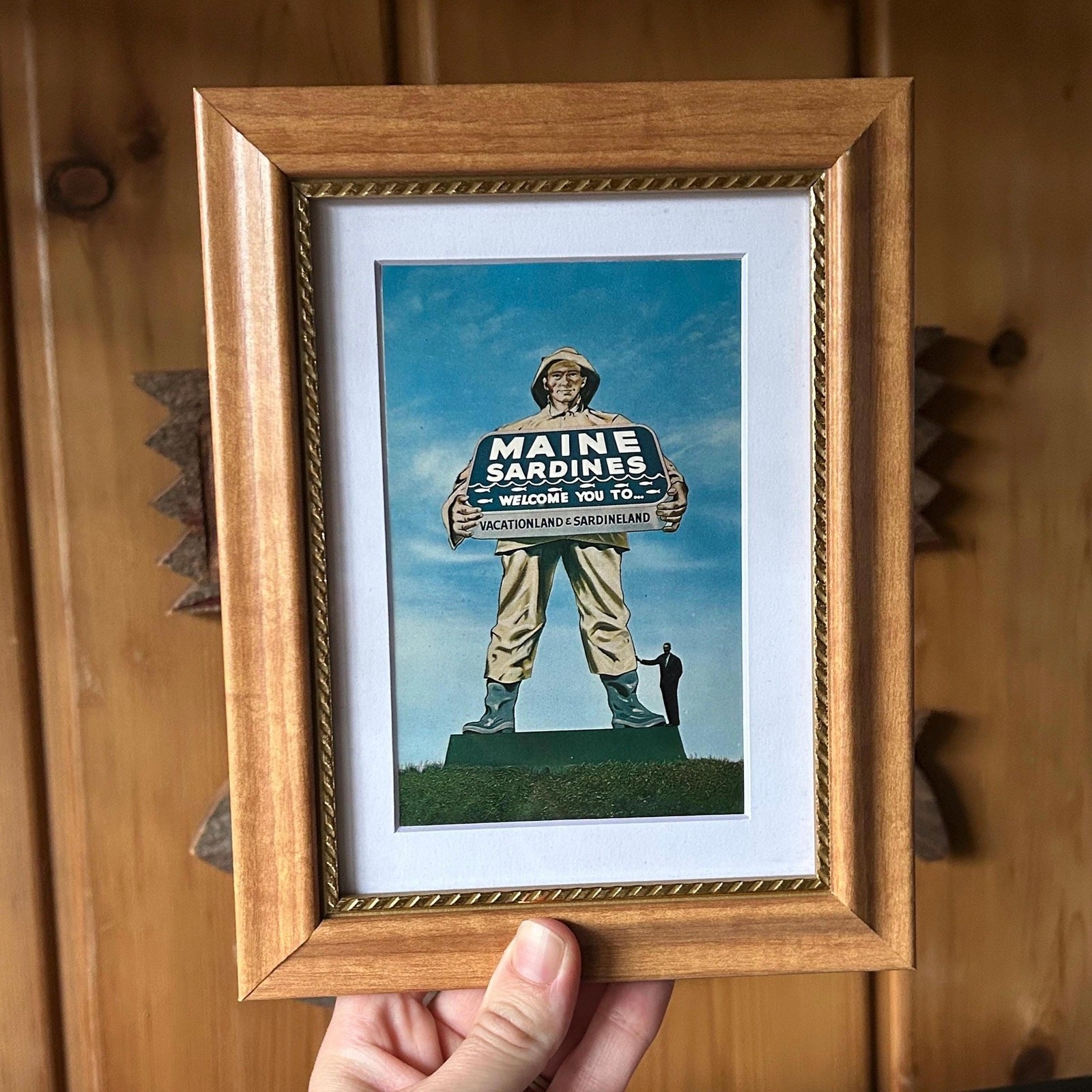 Vintage 1960s Maine Sardines Fisherman Postcard Framed Authentic Vacationland ME