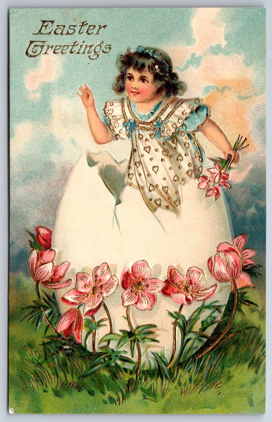 Easter Fantasy~Lil Girl Hatches From Big Egg~Wild Pink Flowers~Clouds~Gold Leaf 