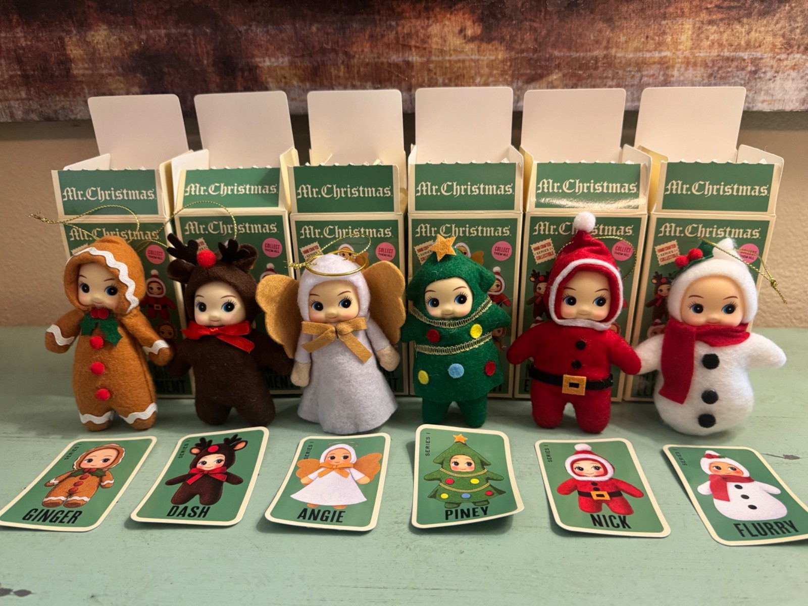 SET 6 Mr Christmas Mystery Mini Elf Ornament Ginger Dash Angie Piney Flurry Nick SET 6 Mr Christmas Mystery Mini Elf Ornament Ginger Dash Angie Piney Flurry Nick