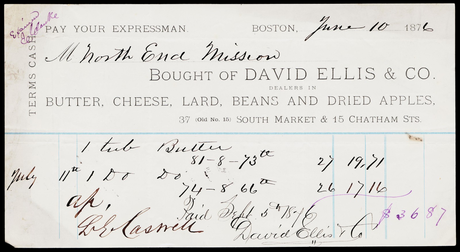 1876 David Ellis & Co Boston MA Victorian Grocer Billhead North End Mission