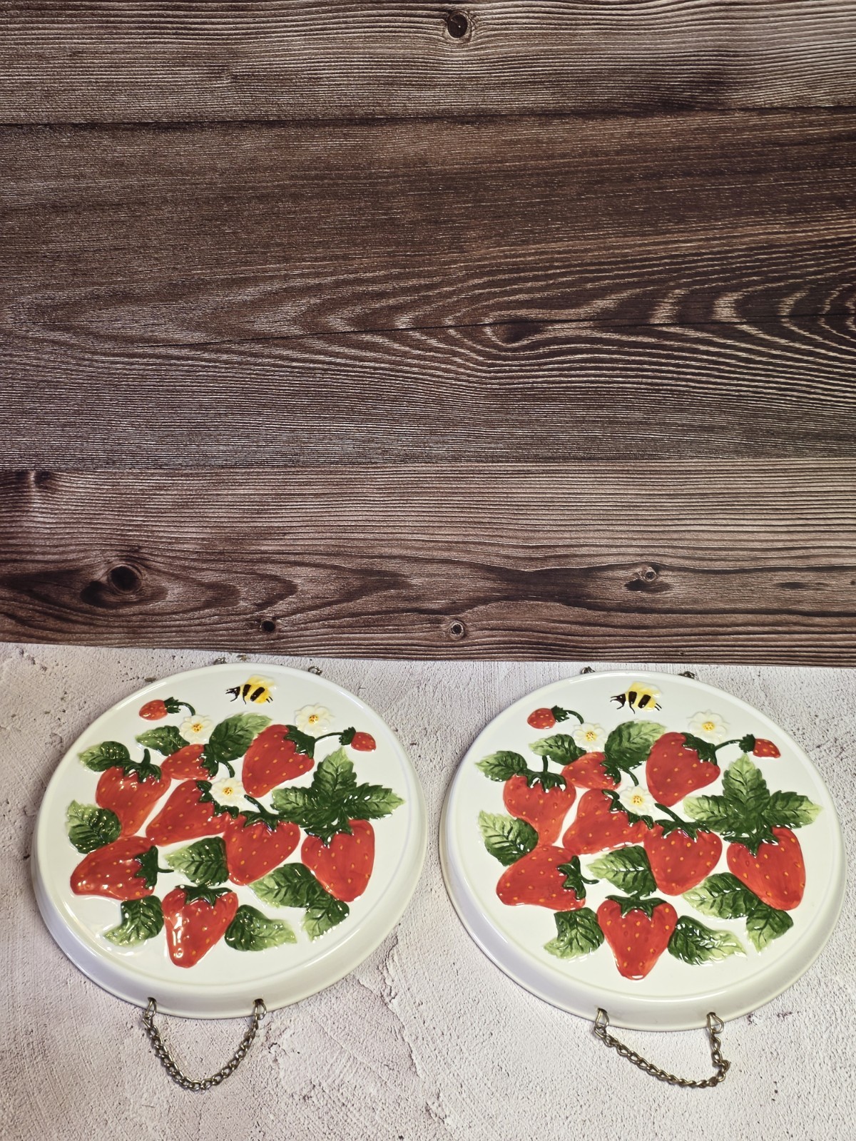 2 Vintage KK Brand Ceramic Strawberry Trivet Wall Art/Hot Pad Plate
